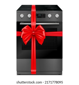 Gas stove with red ribbon and bow. 3D rendering. Gift concept. Realistic vector illustration isolated on white background
