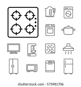 gas stove top household appliance icons set line black on white background