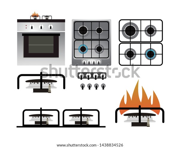 Gas stove, top, side, front view\
Cooktop top view stove (Gas stove icon with round blue\
flame)