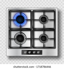 Gas stove top view with blue flame and black steel grate. Kitchen burner with lit and off hobs. Realistic 3d vector burning propane butane flame in cooking oven isolated on transparent background