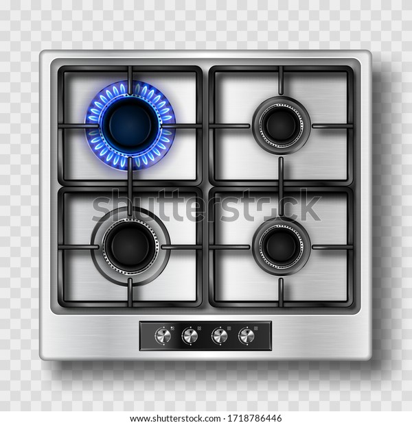 Gas stove top view with blue flame and black\
steel grate. Kitchen burner with lit and off hobs. Realistic 3d\
vector burning propane butane flame in cooking oven isolated on\
transparent background