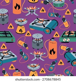 Estufas de gas sin patrón. Quemadores portátiles y cilindros de combustible. Equipo de cocina para picnics y camping. Tanques de propano inflamables. Impresión repetida. Hornos de campamento. Hornos turísticos. Vector de fondo