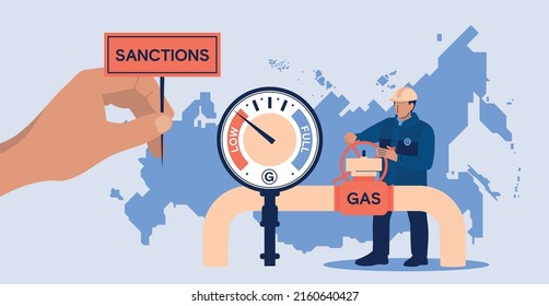 Gas supplies from Russia. Sanctions. A male worker turns a valve on a gas pipeline. Map of Russia. Vector image.	