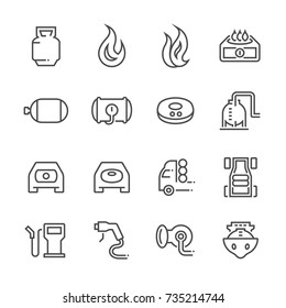 Gas Tank Or Gas Cylinder For Natural Gas Vector Line Icon E.g. Lpg, Lng, Cng, Ngv To Storage By Compressed To Liquefied Form. Include Flame, Stove, Car, Truck And Tanker. Transport Vehicle And Cooking