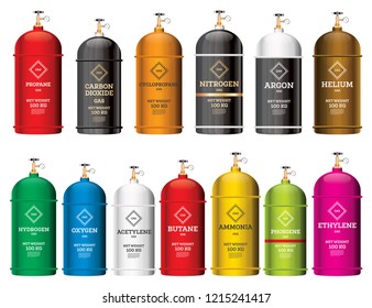 Gas Tank Cylinder Set Isolated on White. Vector Illustration. Containers and Balloons with Different Danger Gases. Nitrogen, Oxygen, Acetylene, Argon. 