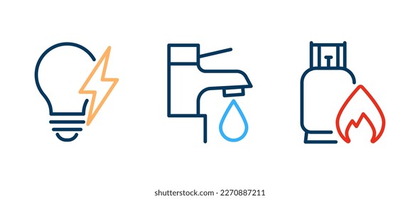 Gas tank with flame, electricity lightbulb with bolt, water drop with faucet. Vector thin line icon linear outline stroke illustration for house utilities.