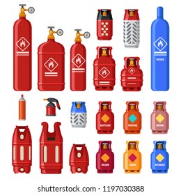 Gas Tank. Gaz Cylinders With Acetylene, Propane Or Butane. Petroleum Fuel In Safety Cylinder. Helium, Lpg Or Fuel Oil In Metal Tank Flammable Container For Stove Heating Isolated Icons Vector Set