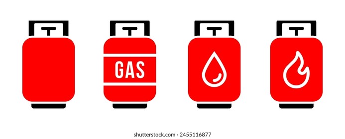 Gas tank icon set. Propane cylinder black symbol. Fuel canister pictogram. Petrol tank illustration. LPG or compressed methane filled icon isolated.