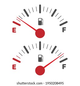 Gas tank indicator icon. Fuel level dial, empty and full indices indicators vector image, car fulling or vehicle gasoline dashboard symbols