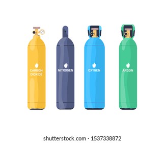 Gas tanks flat vector illustrations set. Nitrogen, oxygen, argon industrial cylinders colorful collection. Compressed gas storage balloons with valve and pressure gauge isolated on white pack.