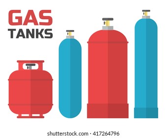 Gas tanks set. Various gas tanks in flat style. Oxygene, propane, butane, methane...Vector illustration