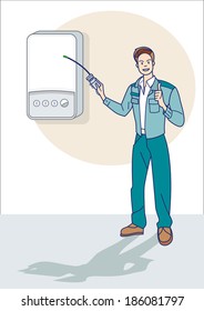 A gas technician inspecting the proper functioning of a boiler for natural gas leaks. 