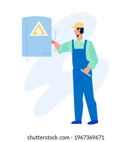 Gas Technician Worker Check Heating Boiler Vector. Gas Technician Service Employee Man Checking Equipment. Character Boy In Uniform Professional Occupation Flat Cartoon Illustration