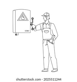 Gas Technician Worker Check Heating Boiler Black Line Pencil Drawing Vector. Gas Technician Service Employee Man Checking Equipment. Character Boy In Uniform Professional Occupation Illustration