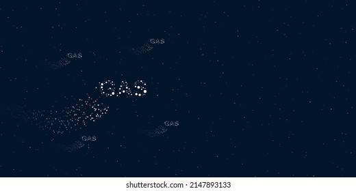 A gas text symbol filled with dots flies through the stars leaving a trail behind. Four small symbols around. Empty space for text on the right. Vector illustration on dark blue background with stars
