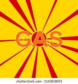 Gas text symbol on a background of red flash explosion radial lines. The large orange symbol is located in the center of the sun, symbolizing the sunrise. Vector illustration on yellow background