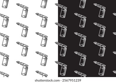 gas torch lighter with flame doodle seamless pattern on black white background set. hatching blow torch background. gas torch engraving wallpaper. pattern background with fire torch for adventure