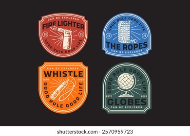 gas torch lighter, skein of cord ropes, emergency whistle with hanger, earth globe model retro badge logo vector design collection set for adventure, explorer, mountaineer, hiker and climber