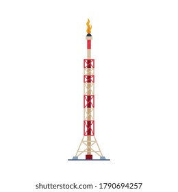 Gas Tower Rig with Fire, Gasoline and Petroleum Production Industry Flat Style Vector Illustration on White Background.