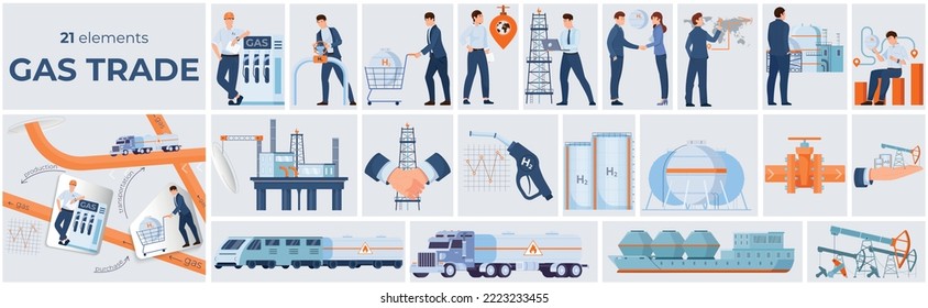 Gas trade flat composition of twenty one elements symbolizing production purchase and transportation vector illustration