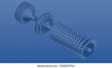 Gas turbine turbomachinery illustration showing several stages of impulse and reaction blades on an areoderivative configuration on a blue background (100% vector file, £illustration without AI£)