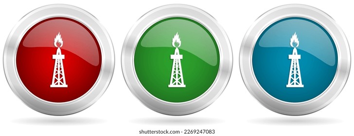 Juego de iconos del vector de gas. Botones de web metálicos de plata roja, azul y verde con borde cromado