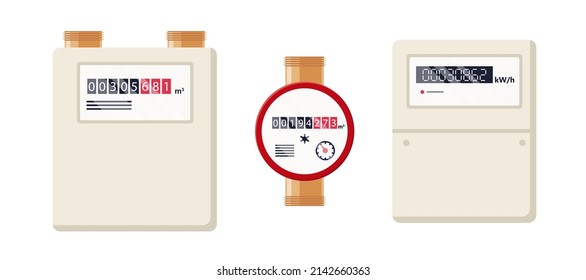 Gas, water and electric meters. Industrial and household meters set. Fuel, water and electricity consumption control. Gas counter. Collection of flat vector illustrations isolated on white background.