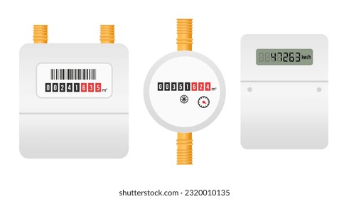 Gas, water and electric meters. Industrial and household meters set. Fuel, water and electricity consumption control. Gas counter. Collection. Utilities. Vector illustration  svg