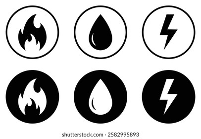 Gas, water and electricity icon collection. Public utility service symbol. Electricity, water and gas vector set. Thunderbolt of lightning, drop water, and fire sign. Silhouette and outline style.