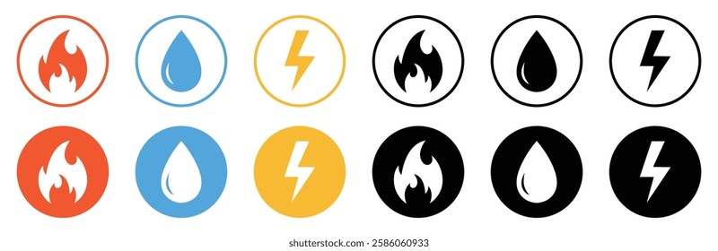 Gas, water and electricity icon collection. Public utility service sign symbol. Electricity, water and gas vector set. Thunderbolt of lightning, drop water, and fire sign. Vector illustration.