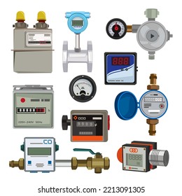 Se establecen contadores de gas, agua y electricidad. Ilustraciones vectoriales de contadores mecánicos o eléctricos de medición. Equipo de caricatura con indicadores de consumo aislados en blanco. Dispositivo, concepto de medición