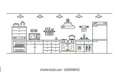 Gas And Water Meter In The Kitchen Vector Illustration. Kitchen Interior With Home Appliances Line Art Concept.