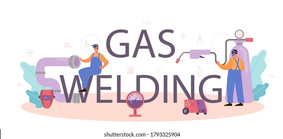 Concepto de cabecera tipográfica de soldadura de gas. Soldador profesional con máscara protectora y guantes. Hombre con tubería de metal de soldadura uniforme y construcción de acero. Ilustración del vector
