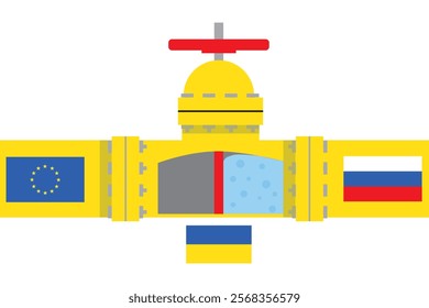 Gas yellow pipeline with red slider turn off and flags European union and Russia vector illustration. Concept shutting off the gas supply import from Russia