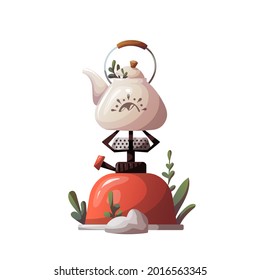 Quemador de gas con hervidor de agua sobre fondo blanco. Camping, viaje, excursión, excursionismo, viaje, concepto de cocina. Ilustración vectorial aislada para afiches, banner, asvertición, portada, tarjeta.