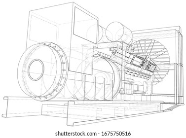 Gas-engine. Gas engine is an internal combustion engine which runs on a gas fuel. Wire-frame line isolated on white. Vector rendering of 3d.