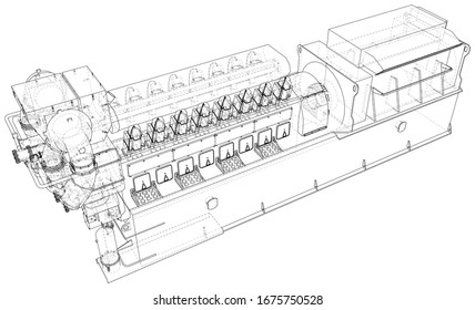 Gas-engine. Gas engine is an internal combustion engine which runs on a gas fuel. Wire-frame line isolated on white. Vector rendering of 3d.