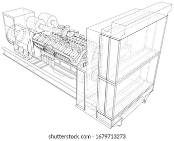 Gas-engine. Gas engine is an internal combustion engine which runs on a gas fuel. Wire-frame line isolated on white. Vector rendering of 3d.