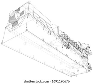 Gas-engine. Gas engine is an internal combustion engine which runs on a gas fuel. Wire-frame line isolated on white. Vector rendering of 3d.