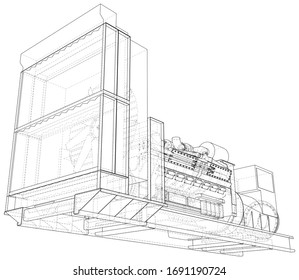 Gas-engine. Gas engine is an internal combustion engine which runs on a gas fuel. Wire-frame line isolated on white. Vector rendering of 3d.