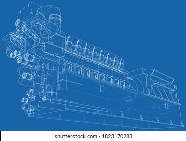 Gasmotor. Gasmotor ist ein Verbrennungsmotor, der mit einem Benzin betrieben wird. Wire-Rahmen-Linie einzeln auf Weiß. Vektorgrafik von 3d.