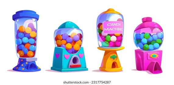 Máquina expendedora de caramelos Gashapon juguete con vector de bola de goma. Dispensador aislado de plástico vintage para masticar al azar alimentos dulces. Diferente caricatura robot lleno de burbuja masticada con activo etiqueta ui