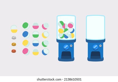 Gashapon machine, capsule vending machine. Japanese collectible toy dispenser, coins, tokens, gashapon.