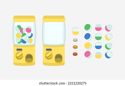 Gashapon machine, capsule vending machine. Japanese collectible toy dispenser, coins, tokens, gashapon.