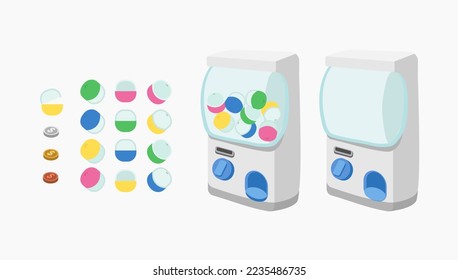 Gashapon machine, capsule vending machine. Japanese collectible toy dispenser, coins, tokens, gashapon.