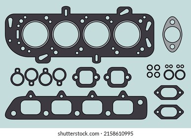 Gaskets And Seals Kit For 4 Cylinder Engine Cars. Head Gasket, Exhaust Manifold Gasket, Spark Plugs Seals, Intake Gasket, Rubber Seals And Catalytic Converter Gasket.