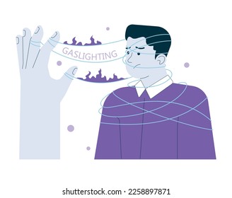 Gaslighting concept. Psychological manipulation method, and cognitive dissonance creation. Emotional abuse in relationships. Flat vector illustration