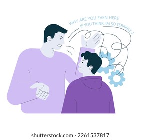 Gaslighting concept. Psychological manipulation method, and cognitive dissonance creation. Emotional abuse in parents and children relationships. Flat vector illustration