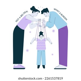 Gaslighting concept. Psychological manipulation method, and cognitive dissonance creation. Emotional abuse in parents and children relationships. Flat vector illustration