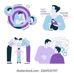 Gaslighting concept set. Psychological manipulation method, and cognitive dissonance creation. Emotional abuse in parents and children relationships. Flat vector illustration